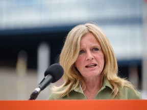 Alberta NDP Leader Rachel Notley speaks at a news conference outside Calgary City Hall on June 1, 2022.