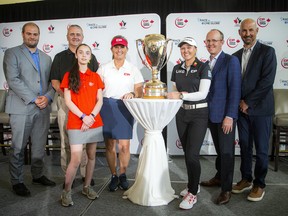 Posing for a photo during Tuesday's media session, from left, were: Ryan Paul, tournament director for the CP Women's Open (Golf Canada);  Steve Read, acting CEO of the CHEO Foundation;  Aurora Amos, child ambassador for CHEO;  Canadian Golf Hall of Famer Lorie Kane;  LPGA Tour player Brooke Henderson of Smiths Falls;  James Clements, senior VP with tournament sponsor CP;  and Laurence Applebaum, CEO of Golf Canada.