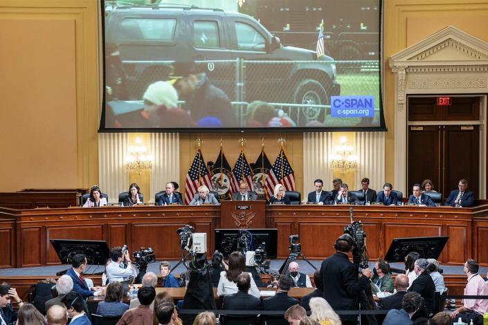 WASHINGTON, DC - JUNE 28: Video of former President Trump's motorcade leaving the January 6 rally at the Ellipse is shown as Cassidy Hutchinson, a former top adviser to Trump White House Chief of Staff Mark Meadows , testifies during the sixth hearing held by the Select Committee to Investigate the January 6 Attack on the US Capitol on June 28, 2022 at the Cannon House Office Building in Washington, DC.  The bipartisan committee, which has been collecting evidence related to the January 6, 2021 attack on the US Capitol for nearly a year, will present its findings in a series of televised hearings.  On January 6, 2021, supporters of President Donald Trump attacked the US Capitol building in an attempt to disrupt a congressional vote to confirm Joe Biden's Electoral College victory.  (Photo by Shawn Thew-Pool/Getty Images)