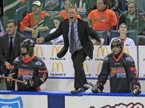 Then-Buffalo Bandits head coach Troy Cordingley tries to get his point across to officials during a 2016 National Lacrosse League game in Buffalo, NY