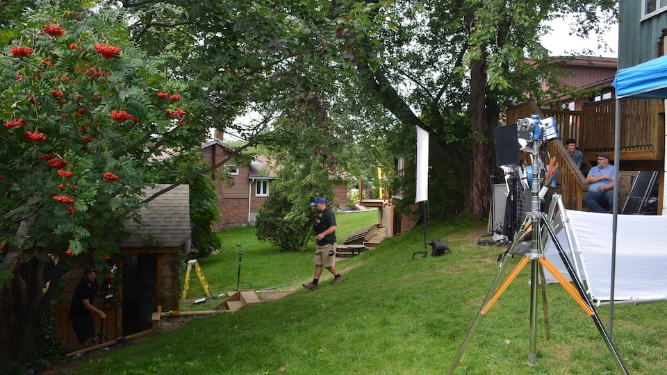 A filming site in the backyard of a house in Sudbury