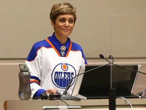 Calgary Mayor Jyoti Gondek is shown wearing an Edmonton Oilers jersey during council in Calgary on Tuesday, June 7, 2022. Gondek and councillors had to pay in their lost bet over the Battle of Alberta, which saw the Calgary Flames bow out of the Stanley Cup playoffs in their second-round series against the Oilers.