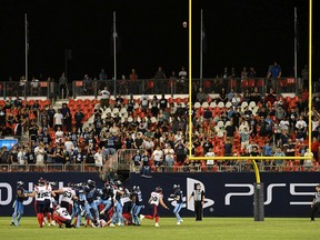 Alouettes kicker David Côté sends his potential game-winning field goal wide left during the last minute of a game last week in Toronto.