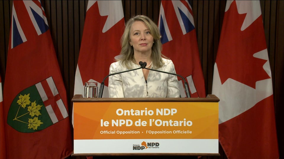 Marit Stiles at a press conference at the Ontario Legislative Assembly.
