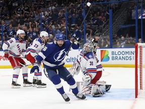 Nikita Kucherov of the Tampa Bay Lightning celebrates after scoring a goal on Igor Shesterkin of the New York Rangers during the second period in Game 4 of the Eastern Conference final of the 2022 Stanley Cup playoffs at Amalie Arena on June 07, 2022 in Tampa, Fla .
