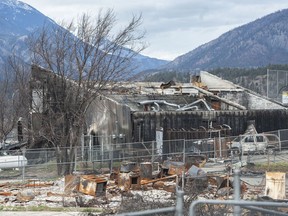 Devastated buildings in Lytton, BC on March 18, 2022, nine months after a wildfire devastated the town.