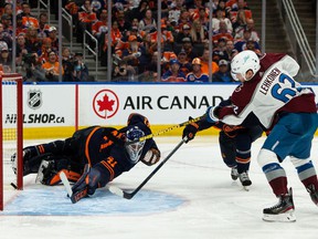 Edmonton Oilers' goaltender Mike Smith (41) is scored on by Colorado Avalanche's Artturi Lehkonen (62) during the overtime period of Game 4 of the NHL Western Conference Final action at Rogers Place in Edmonton, on Monday, June 6, 2022.