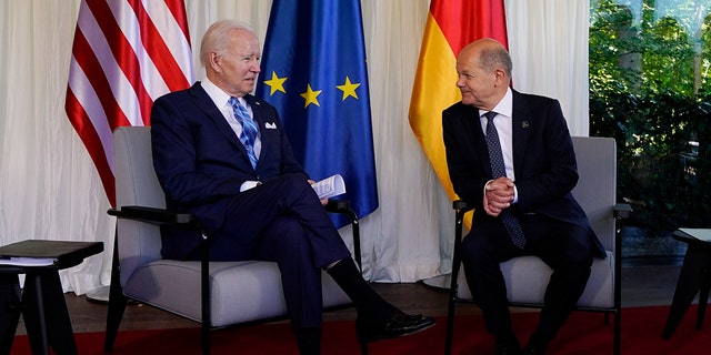 President Joe Biden and German Chancellor Olaf Scholz speak during a bilateral meeting at the G7 Summit in Elmau, Germany, Sunday, June 26, 2022. Biden is in Germany to attend the Group of Seven summit of leaders of the major industrialized nations of the world.  (AP Photo/Susan Walsh)