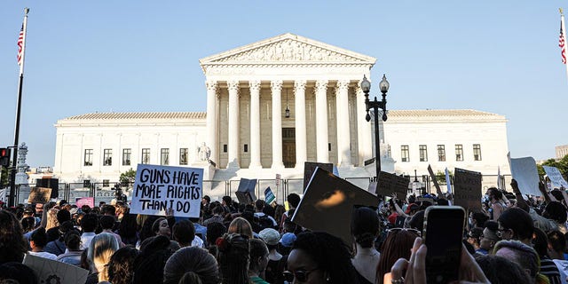 Abortion rights protesters gather outside the US Supreme Court in Washington, DC, USA, on Friday, June 24, 2022.
