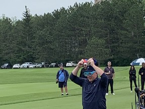 Former Ottawa Senators captain Daniel Alfredsson sports a jock outside of his pants, a pair of clown-sized blue plastic glasses over his eyes and a Pabst Blue Ribbon baseball cap turned inside during the David Feherty Classic at Gatineau's Royal Ottawa Golf Club on Monday afternoon.