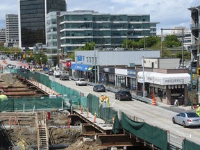 Construction continues on the Broadway SkyTrain line as city councilors and the public debate the redevelopment of the surrounding area, known as the Broadway plan, at Vancouver City Hall on May 18.