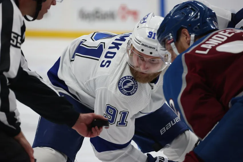 Captains Steven Stamkos of the Lightning and Gabriel Landeskog of the Avalanche face off in Game 1 of the Stanley Cup final.  Stamkos's leadership set the tone on back-to-back Stanley Cup winners, with a third still in play.