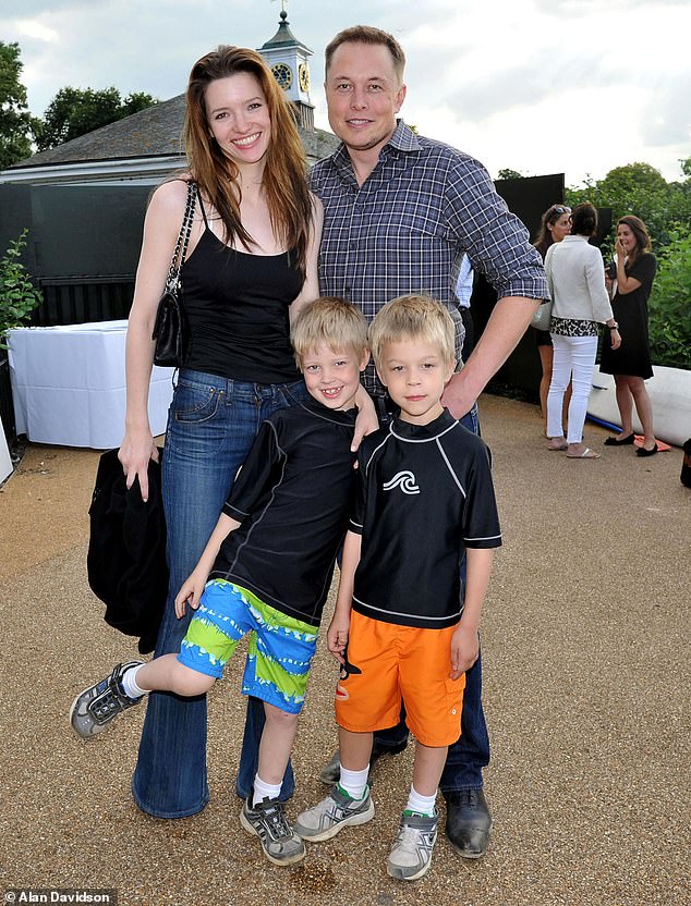 Elon Musk and his second wife, British actress Talulah Riley, in 2015 with Xavier and Griffin.  The twins are now 18