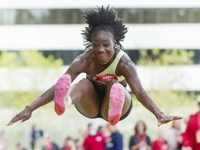 Christabel Nettey competes in the women's long jump during Harry Jerome Track Classic at Swangard Stadium in Burnaby, BC., June 14, 2022.
