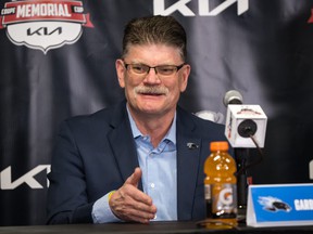 Saint John Sea Dogs head coach Gardiner MacDougall speaks during the coaches' press conference at the Memorial Cup in Saint John, NB, on June 18, 2022.