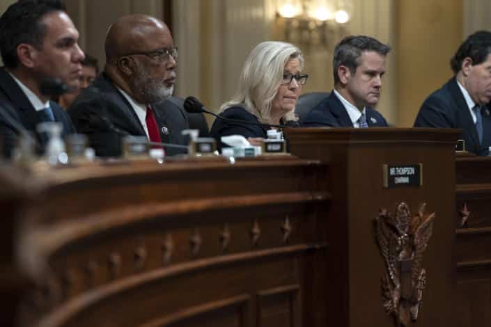 The House committee investigating the January 6, 2021 attack on the US Capitol, including (L to R) Pete Aguilar (D-Calif.), Speaker Bennie Thompson (D-Miss.) , Liz Cheney (R-Wy) and Adam Kinzinger (R-Ill), held their third hearing on June 16, 2022, in Washington, DC.  (Michael Robinson Chavez/The Washington Post via Getty Images)