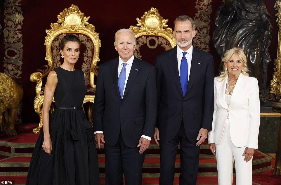 Spanish Queen Letizia, President Joe Biden, Spanish King Felipe VI and First Lady Jill Biden pose for a formal photo before dinner at the royal palace to open the NATO summit
