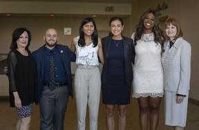 Guest speaker Kathleen Thomas, left, is shown on Friday with this year's Athena Scholarship recipients, Trevor Rameiri, Jacqueline Eboh, Alessandra Ceccacci, and Anumita Jain, as well as Lee Anne Doyle, chair, Athena Scholarship Luncheon, during the event at the St Clair Center for the Creative Arts.