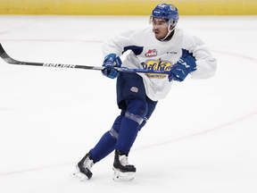 Edmonton Oil Kings forward Justin Sourdif takes part in practice at TD Station arena in Saint John, NB at the Memorial Cup on June 19, 2022.