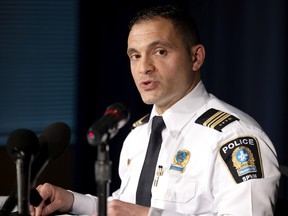 Montreal police commander Salvatore Serrao speaks to the media to announce a suspect has been arrested in the case of the murder of 15-year-old Merrier Bandaoui on Monday, June 27, 2022.