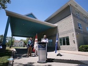 MP Irek Kusmierczyk, left, Windsor city Coun.  Jo-Anne Gignac and Cory Saunders, vice-chair of the board of directors with the Welcome Center Shelter for Women and Families are shown on Thursday, June 23, 2022 during a press conference.