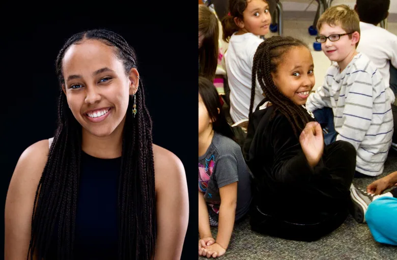 Two photos, taken ten years apart. On the left, a young woman wearing a black tank top and box braids smiles at the camera. On the right, her younger self turns around to wave at the camera.
