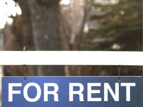 A For Rent sign is shown in front of a rental property in Calgary.  File photo.