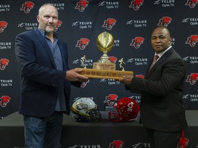 The Shrum Bowl will be played this year after a 12-year hiatus.  The announcement was made at the BC Lions training facility in Surrey, BC Thursday, June 23, 2022. Pictured is UBC football head coach Blake Nill (left) and SFU football head coach Mike Rigell.