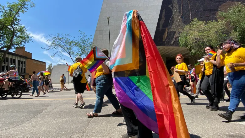 A colourful Pride flag is foreground, with people marching in yellow shirts behind.