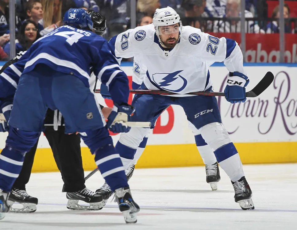 Nicholas Paul of the Tampa Bay Lightning gets set to take a faceoff against Auston Matthews of the Toronto Maple Leafs in Game 7 of the first round of the NHL playoffs in May.