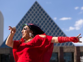 Drag performer Ladonna Cree during the declaration of Pride Month — Edmonton PrideFest returns to Churchill Square this weekend.