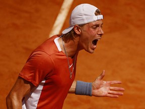Canada's Denis Shapovalov reacts during his first round match against Italy's Lorenzo Sonego in this file photo.  Three Canadians have played in the Laver Cup to date: Milos Raonic, Denis Shapovalov and Felix Auger-Aliassime.