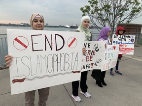 Members of Windsor's Muslim community march against Islamophobia on June 6, 2022, on the first anniversary of the murder of the Afzaal family in London.