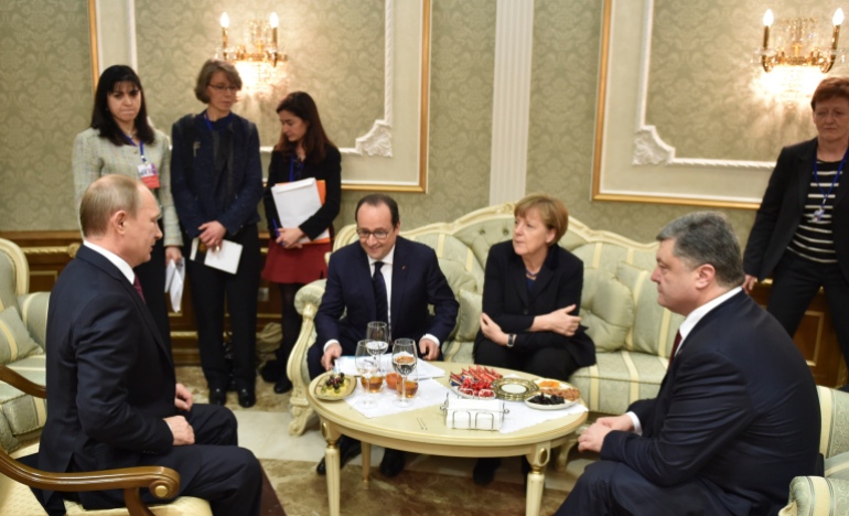 Russian President Vladimir Putin, French President Francois Hollande, German Chancellor Angela Merkel and Ukrainian President Petro Poroshenko.